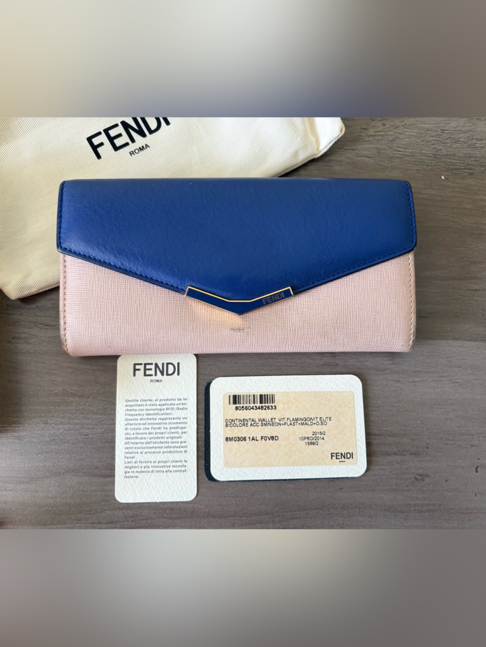 Fendi Continental Wallet Blue Pink Turquoise Leather 8M0306 Box Dust Bag